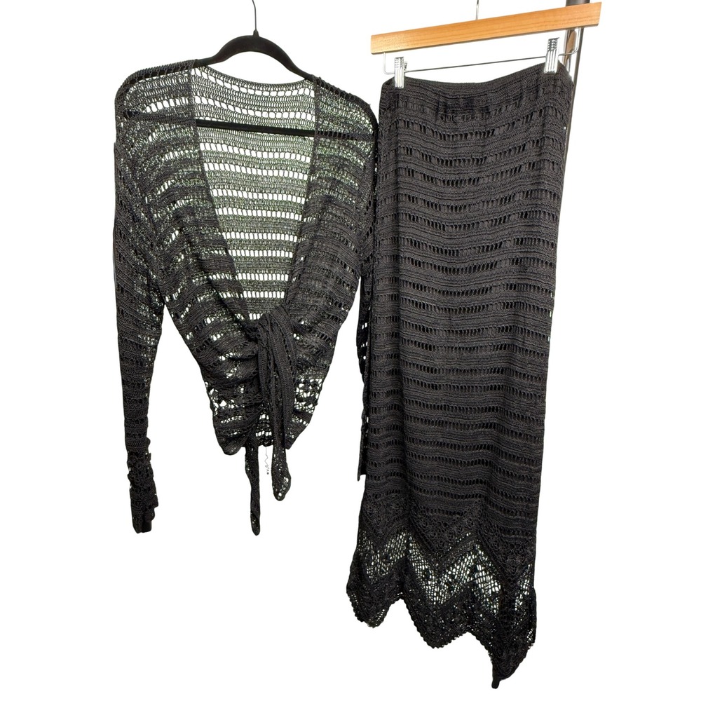 Chicos Design Black Crochet Knit 2 Piece Set Tie Front Cardigan Midi Skirt Sz 2